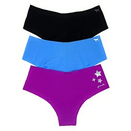 Victoria's Secret PINK Cheekster Panty Set of 3 Small No Show Black/Sky/Fuchsia Stars