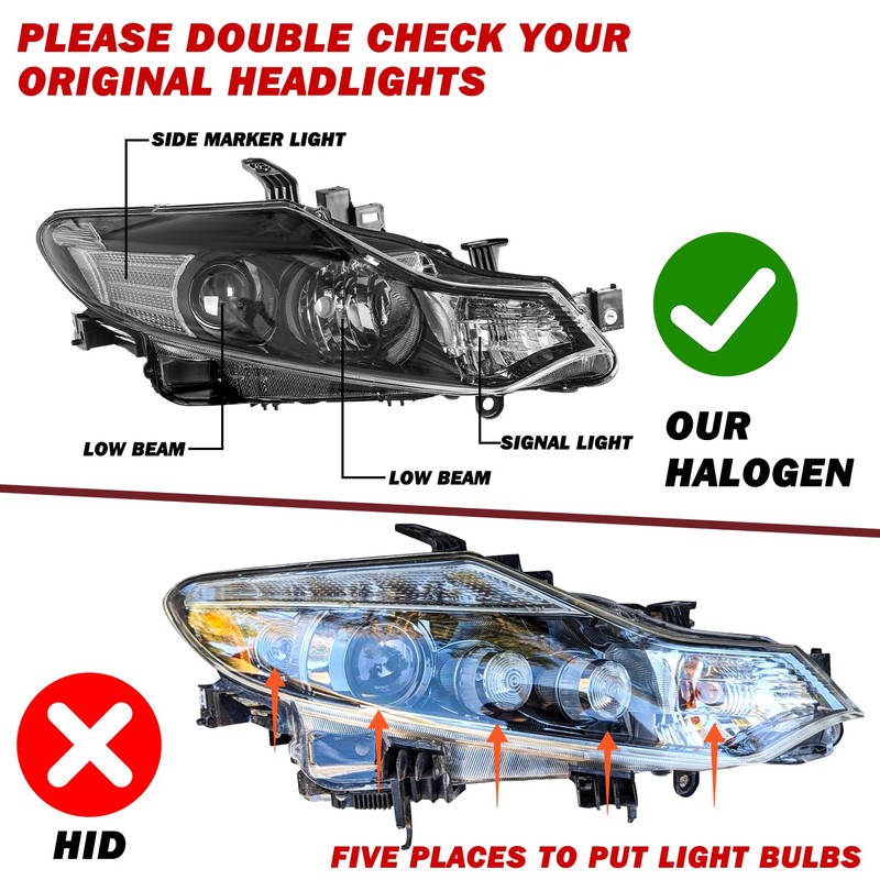 JSBOYAT Halogen Model Black Headlight Assembly Compatible with 2009-2014 Nissan