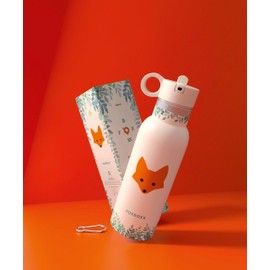 FOXBOXX Trinkflasche Isoliert | 0,5l - Edelstahl Premium | FOX pulverbeschichtet + Stahl-Karabiner/Thermosflasche Kinder | Sportcap panna cotta