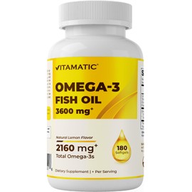 Vitamatic Triple Strength Omega 3 Fish Oil 3600mg Per Serving, 2160mg Omega 3 Fatty Acids, 1296mg EPA + 864mg DHA, Burpless Lemon Flavor, 180 Softgels