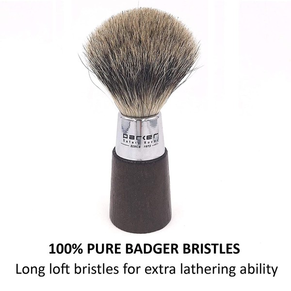 Parker Safety Razor, 100% 3-Band Pure Badger Bristle Walnut and Chrome Handle Handmade Shaving Brush - Brush Stand Included