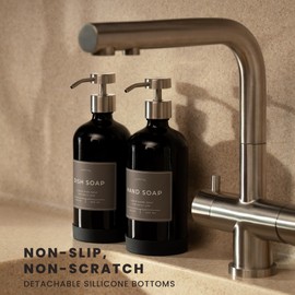 Hand and Dish Soap Dispenser for Kitchen and Bathroom, Set of 2 16 Oz Glass Bottles, Stainless Steel Pumps, Non-Slip Silicone Base, 27 Waterproof Labels (Gloss Black Bottle/Brushed Silver Pump)