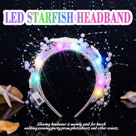 CASDRE Light Up Starfish Headband LED Pearl Wedding Headpiece Beach Prom Hair Accessories for Women (Colorful Light, One Size)
