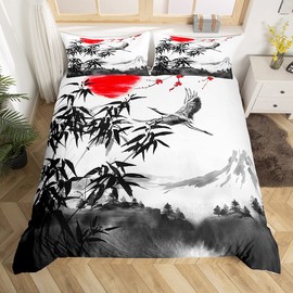 Homewish Japanese-Style Duvet Cover Mountain Crane Bedding Set Single Size For Kids Teens Adult Bamboo Leaves Sun Quilt Cover Vintage Style Comforter Cover Lightweight Bedroom Decor Grey White
