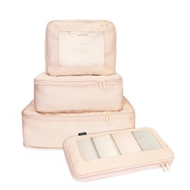 INNKGLE Compression Travel Packing Cubes 4 Set -Beige Pink- Recycled PET Fabric, Space-Saving Organiser Bags for Suitcase, Travel & Home Storage - Ideal for Clothes, Shoes & Gear