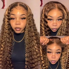 BLY Wear and Go Glueless Wigs Human Hair Pre Plucked HD Transparent Pre Cut Lace Front Wigs Deep Wave Curly Hair 4/27 Ombre Chestnut Brown to Honey Blonde Highlights Hair for Women 24 Inch