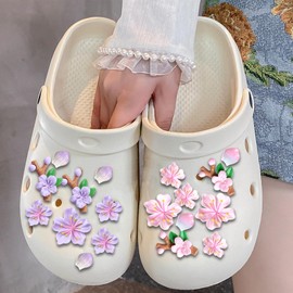 BSITSSS Pack of 17 Shoe Badges, Pink Purple Shoe Charms, Peach Blossom Shoe Badge, DIY Cute Flower Shoe Charms, Chain Decoration Shoe Charms, Charm Shoes for Adults