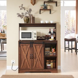 Wnutrees Farmhouse Coffee Bar Cabinet with Charging Station and USB Ports,Sliding Barn Door,39" Kitchen Hutch Sideboard Buffet Storage Cabinet,Fits Kitchen Dining Living Room, Brown