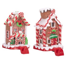Regency International Candy Cane and Peppermint Gingerbread House 6.5 inch Resin Christmas Stocking Holder Set of 2