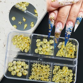 6 Grids Summer Ocean Metal Nail Art Charms 3D Beach Gold Seashell Starfish Nail Charms for Acrylic Nails Sparkling Golden Seahorse Conch Nail Art Jewelry for Women Manicure Decoration Accessory