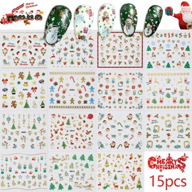 DUOLEIMI Christmas Nail Stickers Nail Art Stickers Santa Snowflakes 3D Just Stick On Manicure Stickers Christmas Tree Snowman Winter Nails Cute (15 Pcs)
