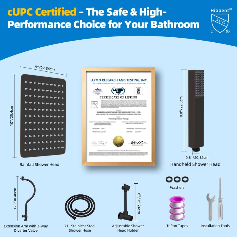 Hibbent All Metal cUPC Certified Shower Head, 10'' High Pressure