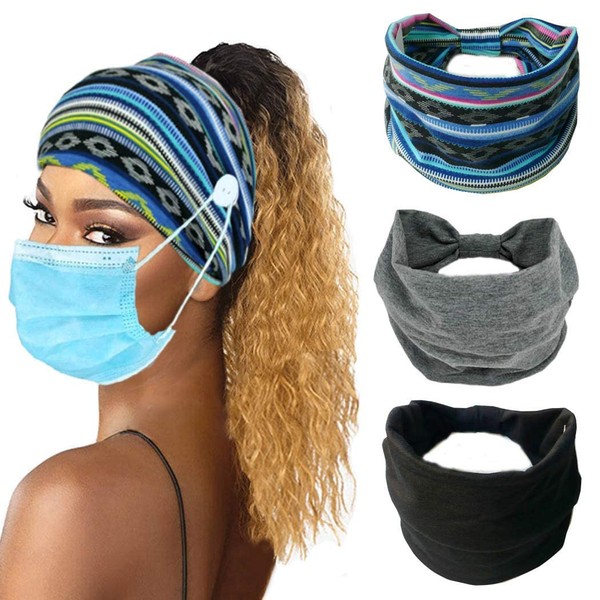 ORQEMG Women Button Headband Boho Elastic Sports Headwear Yoga Ear Saver Hair Band Workout Headwrap