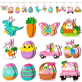 Wooden Easter Pendants, Pack of 24 Wooden Easter Eggs, Wooden Easter Bunny Pendants, Rabbit Pendants, Easter Wooden Pendants, Easter Decoration for Hanging, for Easter, Spring Party Decoration (B)