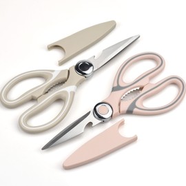 Pack of 2 Poultry Scissors, Kitchen Scissors, Stainless Steel, Multi-Purpose Household Scissors, Scissors with Protective Cover for Bones, Fish, Herbs, Vegetables, Can Cutter (Khaki & Pink)