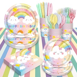 AWLZJZQA 169 PCS Rainbow Party Decorations Serve 24 Guests Pastel Rainbow Plates and Napkins Party Supplies Dinnerware Sets for Girls Kids Adults Colorful Decor Themed Baby Shower