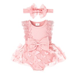 FOCICI 9 Month Baby Girl Clothes Summer Cute Newborn Outfits Sleeveless Lace One Piece Romper + Headband 2pcs set Pink 6-9 Months