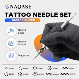 Tattoo Needles Set - NAQASE 100PCS Mixed Stick and Poke RL, RS, M1 Assorted Disposable Sterile Tattoo Needles(MIX-100PCS)