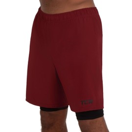 TCA Men's Ultra Running Shorts, 2-in-1 with Inner Compression Shorts and Zip Pocket - Cabernet / Black (Red / Black), size: l