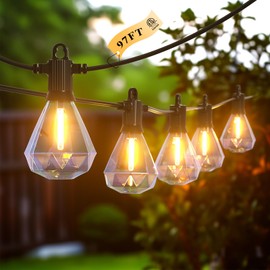 Kawaya Outdoor String Lights 97 FT LED Patio Lights with 48 Shatterproof Unique Diamond Edison Bulbs Warm White 2700K Dimmable IP65 Waterproof Outside Hanging Lights for Yard Porch Balcony Bistro Cafe