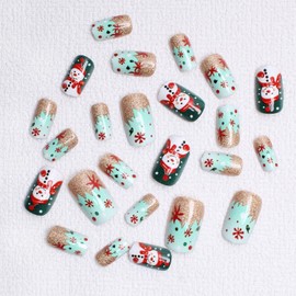 Christmas Press on Nails Short Square Fake Nails with Green Gradient Glitter Winter Snowflake Snowman Design Xmas False Nails Art Glossy Sparkly Full Cover Stick on Nails for Women Nail Art 24 Pcs