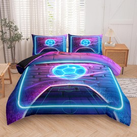 MWMWMW Football Bedding Set Twin for Boys Kids(68x86 Inch), 3D Printed Soccer Comforter for Boys Teens, Blue Glitter Sport Soccer Bedding, 2 Pieces Soft Microfiber Comforter Set with Pillowcase