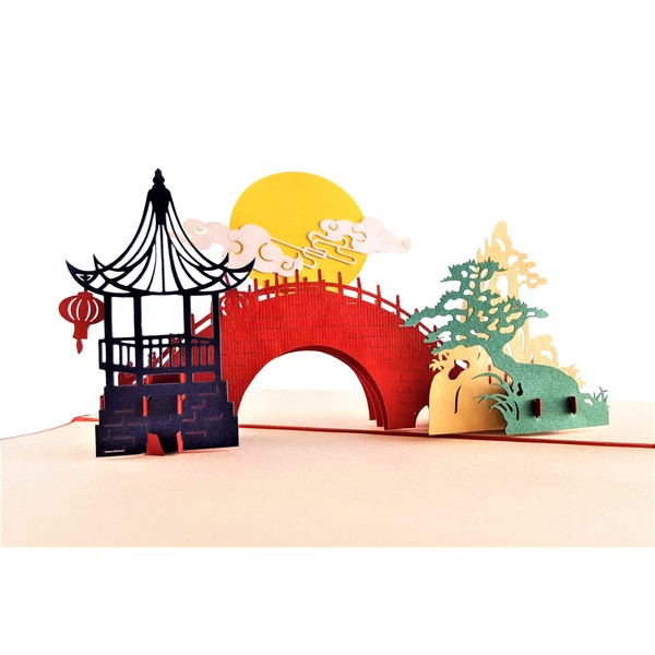 iGifts And Cards Inspirational Asian Pavilion Scenery 3D Pop Up Greeting Card Full Moon, Romantic Bridge, Lanterns, Pine Tree, Half-Fold, All Occasion, Birthday, Mid-Autumn Festival, Chinese New Year