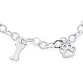 Layering Best Friend Animal Pet Lover Dog Puppy Link Multi Charm Dangling Heart, Bone & Paw Print Bracelet For Women For Teen .925 Sterling Silver 7 Inch