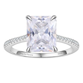 BAGUTTA PAVONE 4CT 925 Sterling Silver Radiant Cut Cubic Zirconia Engagement Rings for Women with 18K White Gold Plated, Solitaire CZ Engagement Promise Ring for Women Wedding Bands for Her Size8