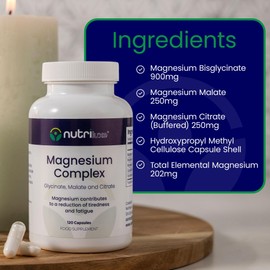 Nutriluxe Magnesium 1400mg Complex - 120 Capsules - 3 in 1 Magnesium Glycinate Citrate Malate Supplements - 202mg Elemental Magnesium Capsules for Sleep, Muscle Support Magnesium Bisglycinate Capsules