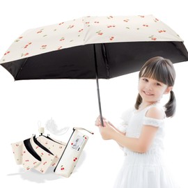 Folding Umbrella for Children, Ultra Lightweight 4.9 oz (140 g) x Rain or Shine, Folding Umbrella, Girls, 6 Ribs, Hand Opening, Storage Pouch Included, 99.9% Full Light Blocking, Cherry Pattern,