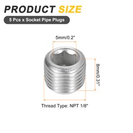 sourcing map 5Pcs Male Thread Socket Pipe Plugs, NPT 1/8" Stainless Steel Internal Hex Thread Pipe Caps for Pipe Fitting and Sealing, Silver