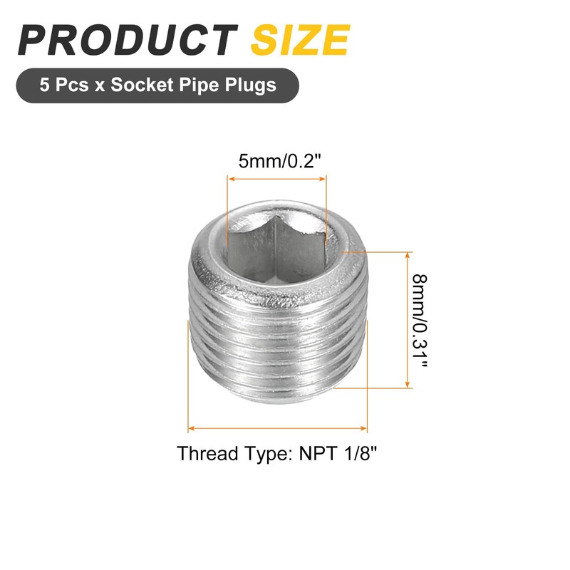 sourcing map 5Pcs Male Thread Socket Pipe Plugs, NPT 1/8"