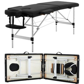 RROCOSIA Massage Table, 73 Inch Height Adjustable 2 Fold Aluminium PU Leather Beauty Spa Bed Salon Table w/Face Cradle Carry Case Portable Tatto Lash Therapy Treatment Bed, Black
