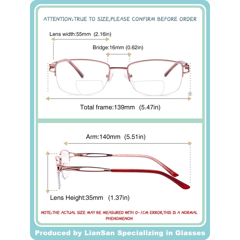 LianSan Metal Bifocal Reading Glasses for Women,Stylish Half Rim Zero