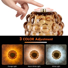 XMNZD Cordless Table Lamp Rechargeable, Amber Glass Touch Lamp with 3 Color Modes & Stepless Dimming, Battery Operated Bedside Night Light, Housewarming Gifts for Women, Bedroom Decor