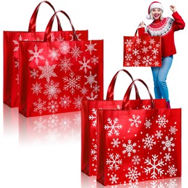 PerKoop 4 Pcs Extra Large Christmas Gift Bags 20 x 16 Inch Red Snowflake Tote Bags with Handles Reusable Jumbo Bags for Holidays Xmas Gifts Wrapping Party Favor Supplies