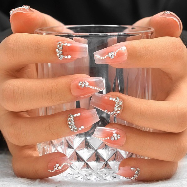 Sethexy Pink Rhinestone Handmade Press on Nail Medium Coffin False