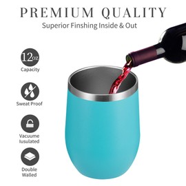 MEWAY 12oz/4 Pack Wine Tumbler Glasses with Lid - Stemless Double Wall Vacuum Stainless Steel Travel Tumbler - Keeping Cold & Hot for Wine,Coffee,Cocktails(Turquoise,Set of 4)