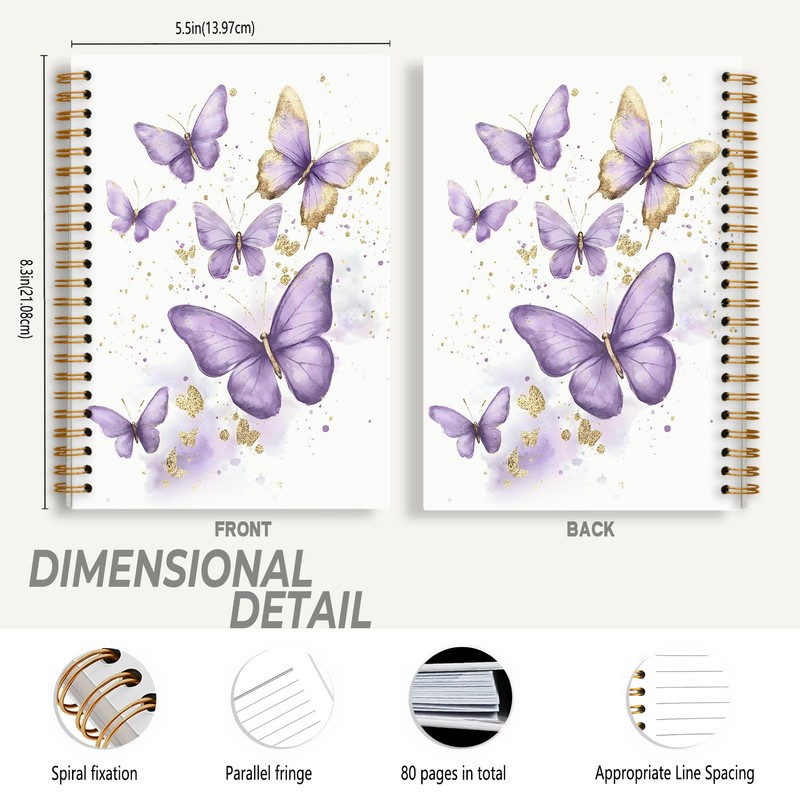 Foritho Purple and Gold Butterfly Notebook, Preppy Butterfly Journal for