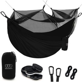Gold Armour Camping Hammock - Camping Essentials, Double Hammock with Bug Net, Camping Gear Hammock for Outside, Hiking, and Travel (Black & Seafoam)
