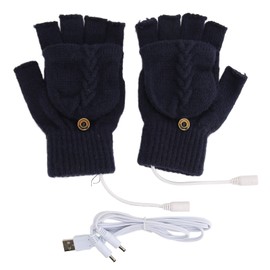 USB Warmer Heated Gloves Flip Half Fingerless Electronic Knitted Hand Gloves for Men Women Winter Dark Blue