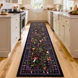 nesrt Mushroom Hallway Runner Rugs 2x10ft Non Slip, Botanical Animal Print Kitchen Rug Washable, Cute Thin Plant Entryway Runners, Long Woodland Floor Carpet for Bedroom Entrance (Black)