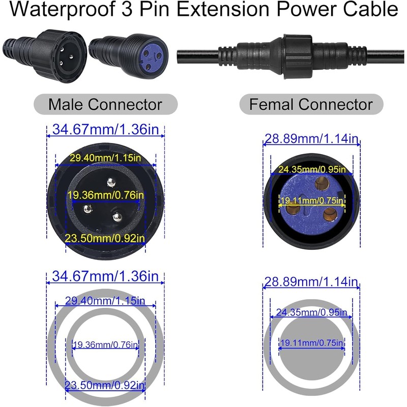 Outdoor Stage Lights Cable Wire,1m/3.3ft 3 Pin 13AWG 2.5mm2 Power