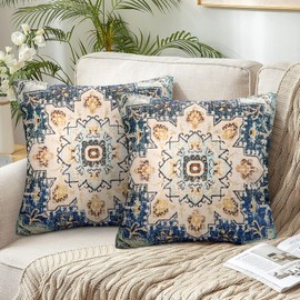 Chicamy Set of 2 Bohemian Cushion Covers, Decorative 40 x 40 cm, Linen Cushion Cover, Indian Hippie, Bohemian Cushion Covers, Decorative Cushion, Mandala Flower Pattern Pillowcase for Sofa, Home Decor