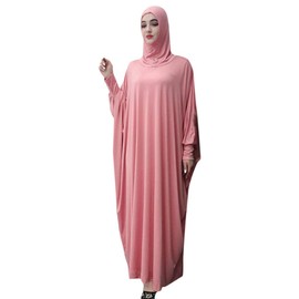 Women's Solid Muslim One-Piece Prayer Dress Muslim Abaya Dress Islamic Maxi Abaya Kaftan with Hijab Full Length Dress Pink