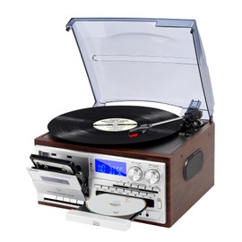 MUSITREND Record Player 9 in 1 3 Speed Bluetooth Vintage Turntable CD Cassette Vinyl Player AM/FM Radio USB/SD Playback Aux-in RCA Line-Out (Silver)