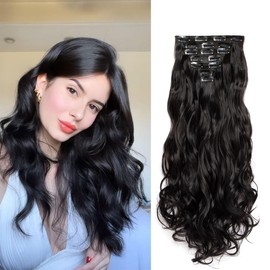 Swy Hair Clip in Hair Extensions Body Wave 7Pcs Straight Hair Synthetic Hair Extensions (W-Natural Black, Wavy)