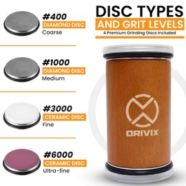Orivix Rolling Knife Sharpener Kit – Leather Strop, Precision Honing System with 4 Grinding Discs 6000/3000 Ceramic & 1000/400 Diamond Magnetic 4-Angle Base, and a 9.8 cm Longer Wooden Roller