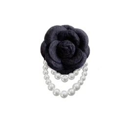 Fabric Camellia Flower Brooch Pin Pearl Tassel Red/Black/White Silk Camellia Flower Brooch Large Lapel Elegant Wool Floral Brooch for Women Girl Dress (Black)